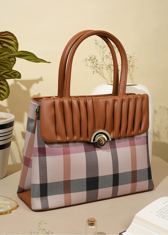 Elfriede Brown Plaid Design Handbag